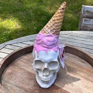 Summerween Skull Pink Melted Ice Cream Cone Decor Spinkles Halloween Spooky New